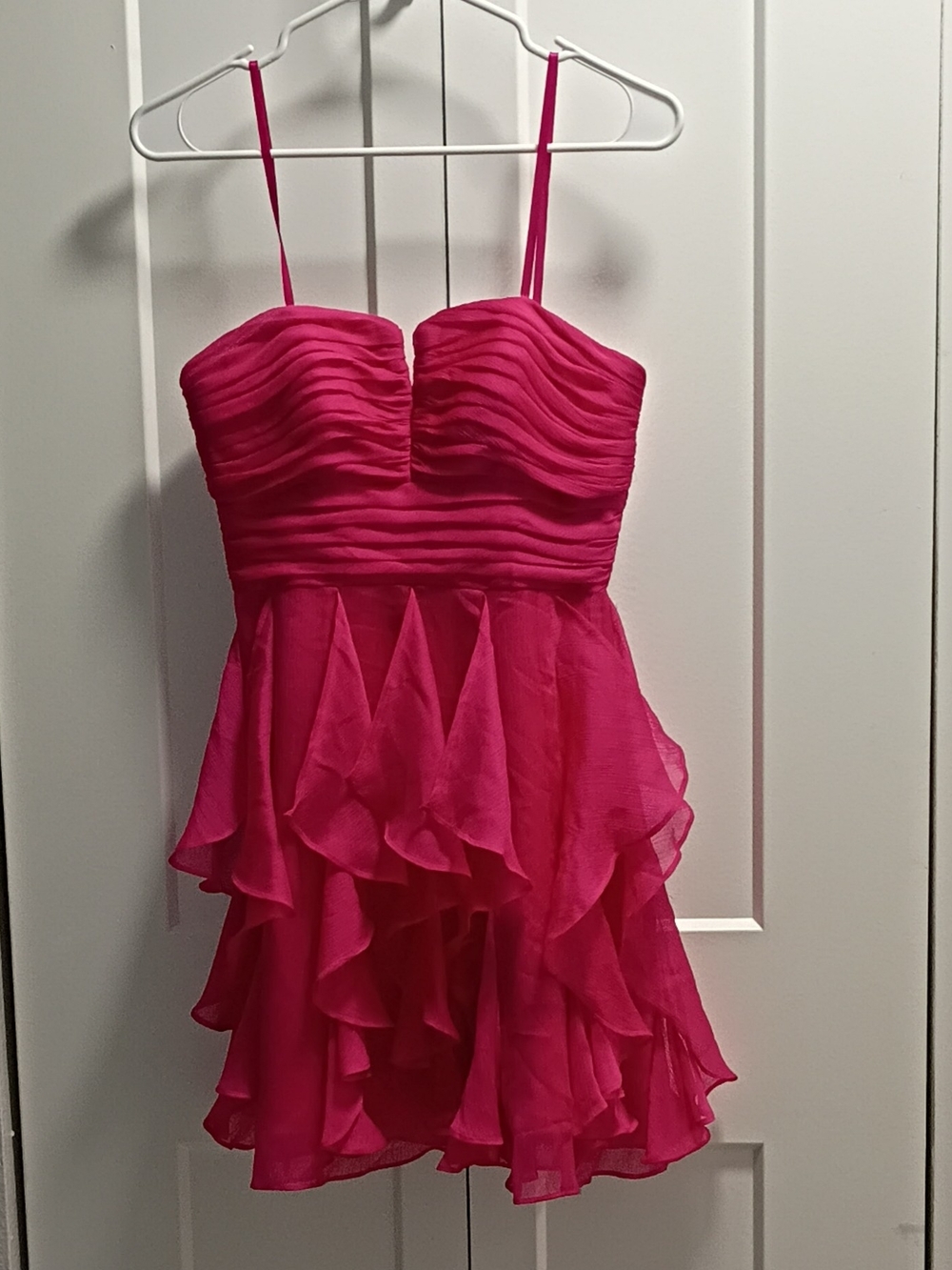 Arden B Hot Pink Ruffle Cocktail Dress with Spaghetti Straps